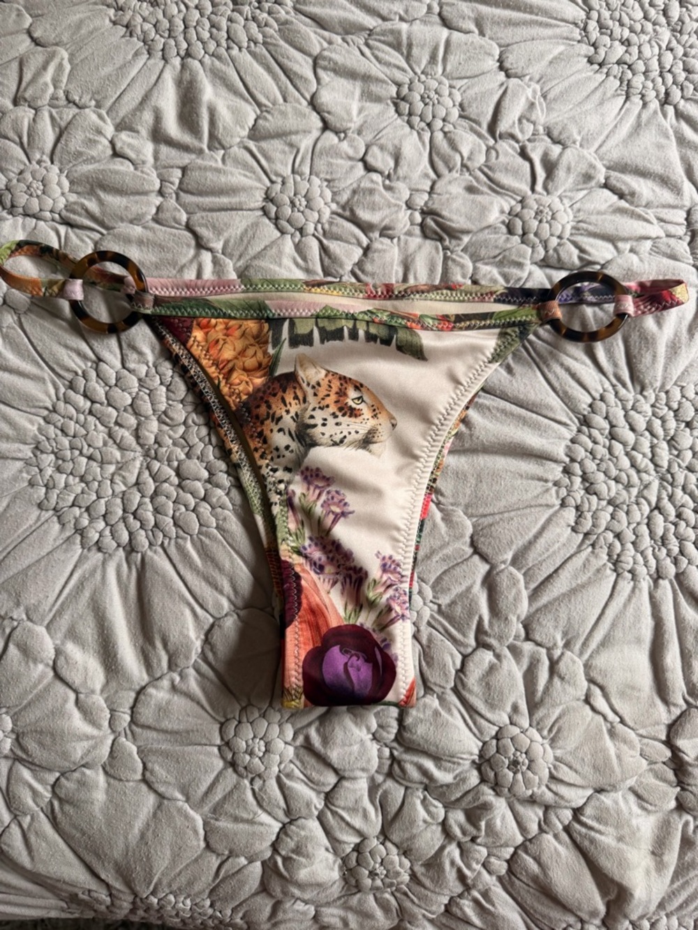 Multicolor Floral & Animal Print Bikini Bottom with Tortoiseshell Rings